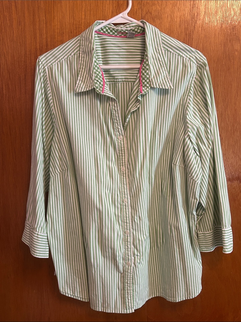 Izod Green and White Striped Shirt with Pink Piping